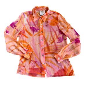 Vintage Tess 100% Silk Neon Floral Semi-Sheer Blouse M